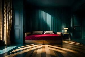 a bedroom with blue walls and wood floors. AI-Generated photo