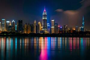 the city skyline at night with colorful lights. AI-Generated photo