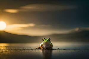 un rana sentado en el suelo a puesta de sol. generado por ai foto