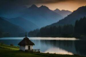 a small hut sits on the edge of a lake at sunset. AI-Generated photo