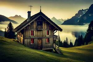 a small wooden house sits on a hill overlooking the lake. AI-Generated photo