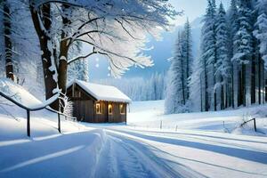 a cabin in the snow with trees and snow. AI-Generated photo