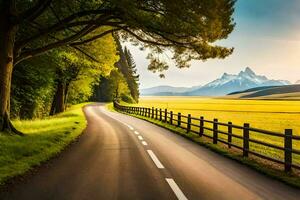 a country road with trees and grass in the foreground. AI-Generated photo