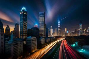 un ciudad horizonte a noche con luces y tráfico. generado por ai foto