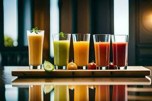 a tray of different juices on a table. AI-Generated photo