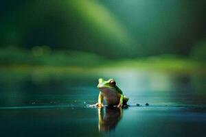 a frog sitting on the edge of a lake. AI-Generated photo