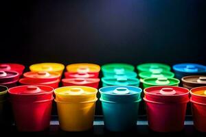 a row of colorful plastic cups lined up on a black surface. AI-Generated photo