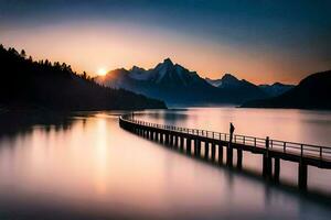 a man stands on a pier overlooking a lake and mountains. AI-Generated photo