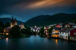 photo wallpaper the sky, water, river, houses, village, town, river, mountains,. AI-Generated