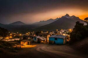 a village at sunset with mountains in the background. AI-Generated photo