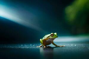 a frog sitting on the ground in the dark. AI-Generated photo