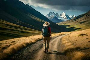 a man with a backpack walking down a dirt road. AI-Generated photo