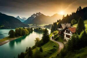 a house sits on a hill overlooking a lake and mountains. AI-Generated photo