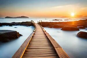 a wooden boardwalk leads to the ocean at sunset. AI-Generated photo