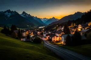 un pueblo en el montañas a puesta de sol. generado por ai foto