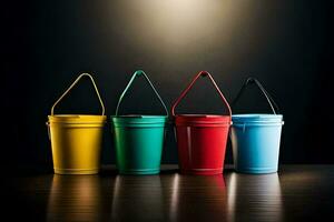 four colorful buckets on a dark table. AI-Generated photo