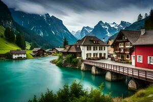 a beautiful mountain village with a river and a bridge. AI-Generated photo