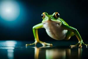 a frog is standing on a table with a bright light behind it. AI-Generated photo