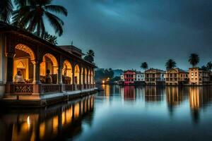 un lago en India con casas en el agua. generado por ai foto