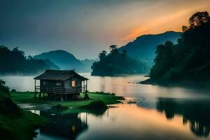 the house on the lake, laos. AI-Generated photo