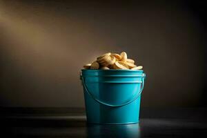 a blue bucket filled with peanuts on a dark table. AI-Generated photo