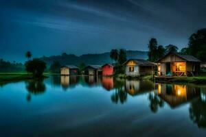 houses on the water at night with a lake in the background. AI-Generated photo