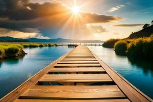 un de madera puente terminado un lago con el Dom brillante. generado por ai foto