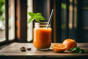 orange juice in a glass with a straw and mint leaves. AI-Generated photo