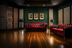 a room with red leather couches and a wall of wine bottles. AI-Generated photo