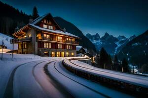 un casa en el montañas con nieve en el suelo. generado por ai foto