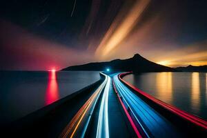 a long exposure photograph of a road and water at night. AI-Generated photo