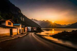 the sun sets over a mountain range and a road in front of a village. AI-Generated photo