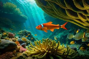 un naranja pescado nada en el Oceano con un anémona. generado por ai foto