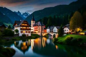 photo wallpaper the sky, mountains, water, trees, house, bridge, village, night,. AI-Generated