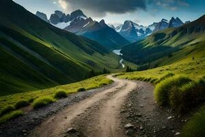 a dirt road runs through a green valley with mountains in the background. AI-Generated photo