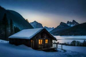 a cabin in the snow with mountains in the background. AI-Generated photo