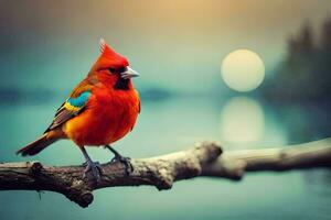 a red bird sitting on a branch near water. AI-Generated photo