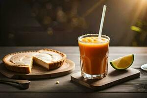 a glass of orange juice with a slice of pie on a wooden table. AI-Generated photo