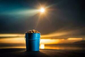 a bucket of peanuts on a beach at sunset. AI-Generated photo