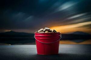 a red bucket filled with coins sitting on a table. AI-Generated photo