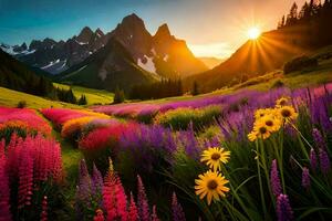 the sun rises over a field of wildflowers and mountains. AI-Generated photo
