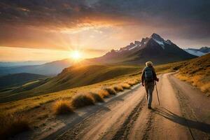 un persona caminando en un suciedad la carretera en el montañas. generado por ai foto