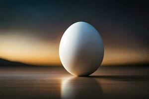 an egg on a table with a sunset in the background. AI-Generated photo