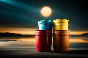 three colorful buckets sit on a wooden table in front of a full moon. AI-Generated photo