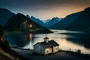 el capilla a el lago. generado por ai foto