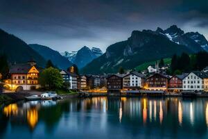 photo wallpaper mountains, the night, town, lake, switzerland, alps, the al. AI-Generated