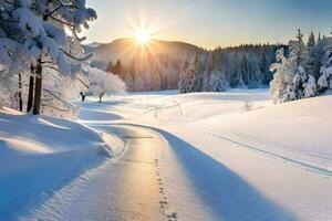 photo wallpaper the sky, snow, trees, the sun, trees, the forest, the sun. AI-Generated