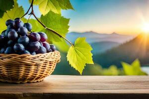 grapes in a basket on a wooden table. AI-Generated photo