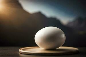 egg on a wooden tray with mountains in the background. AI-Generated photo