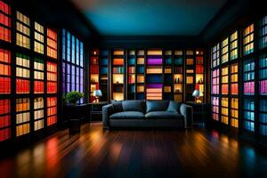 a room with a couch and a lot of colorful bookshelves. AI-Generated photo